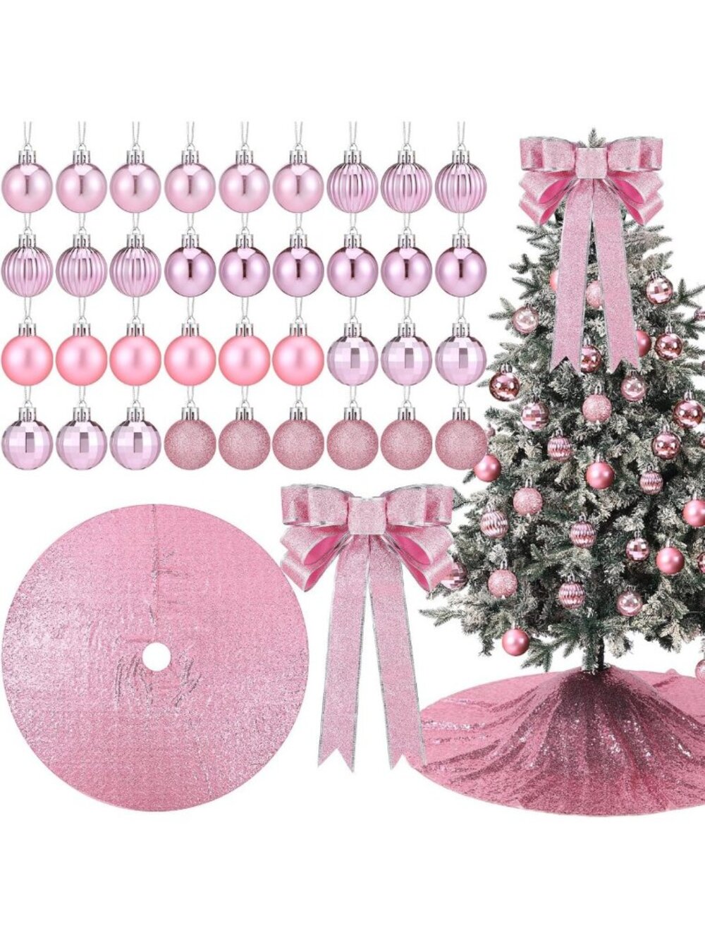 38 Pcs Pink Christmas Tree Decor Set - Sequin Skirt, Bow Topper & Ornaments